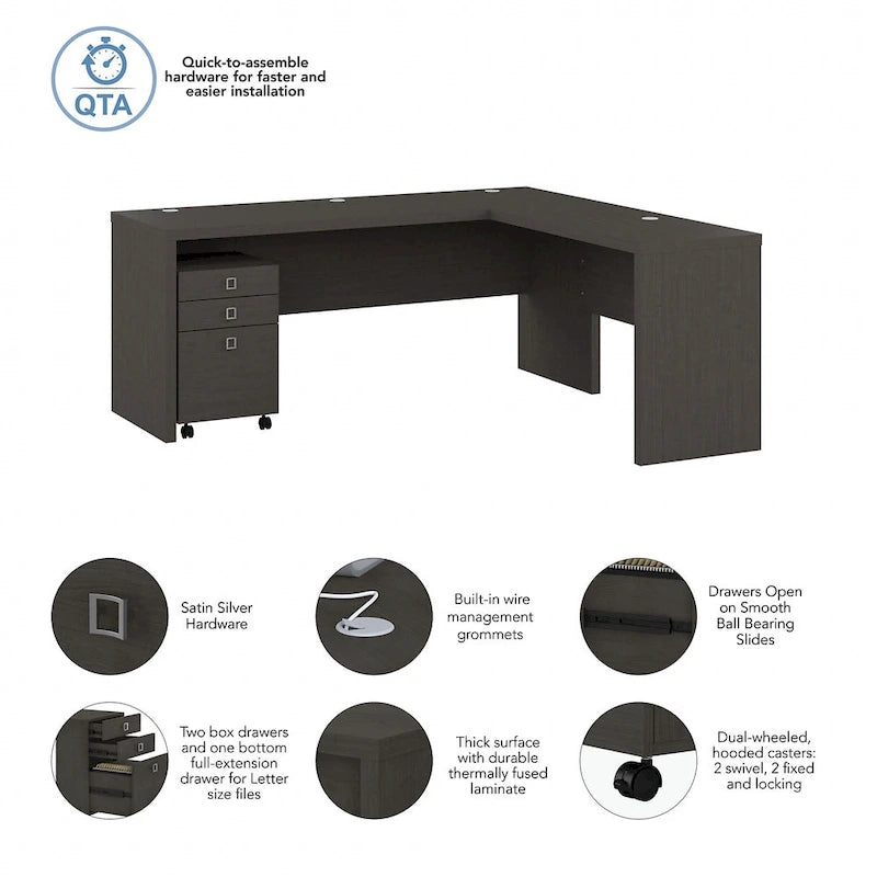 Bureau d'angle en L de 183 cm de large avec tiroirs, grand bureau d'angle pour bureau à domicile