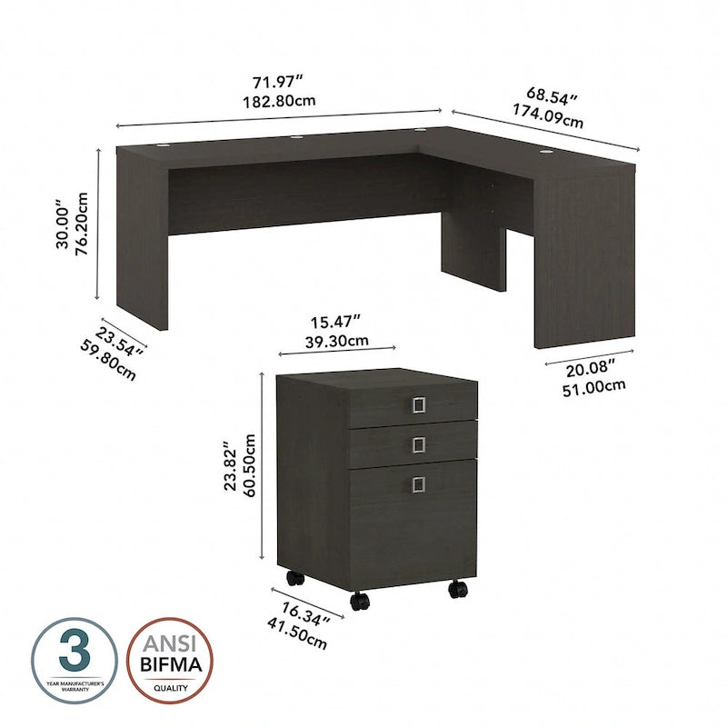 Bureau d'angle en L de 183 cm de large avec tiroirs, grand bureau d'angle pour bureau à domicile