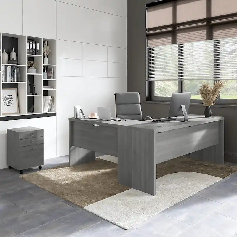 Bureau d'angle en L de 183 cm de large avec tiroirs, grand bureau d'angle pour bureau à domicile