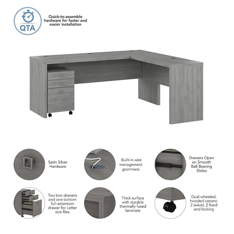 Bureau d'angle en L de 183 cm de large avec tiroirs, grand bureau d'angle pour bureau à domicile