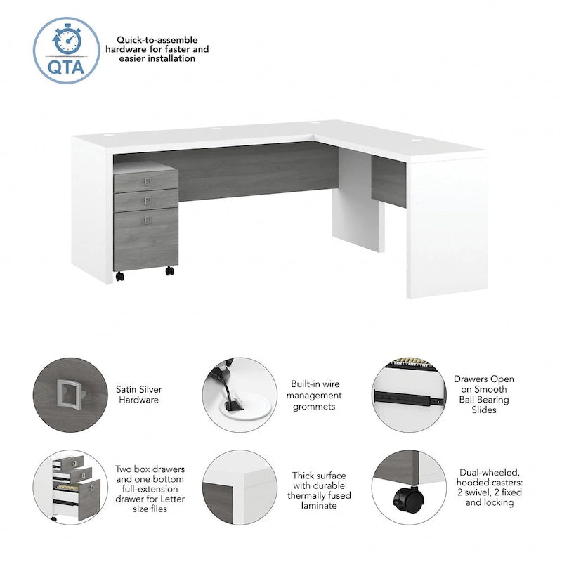 Bureau d'angle en L de 183 cm de large avec tiroirs, grand bureau d'angle pour bureau à domicile