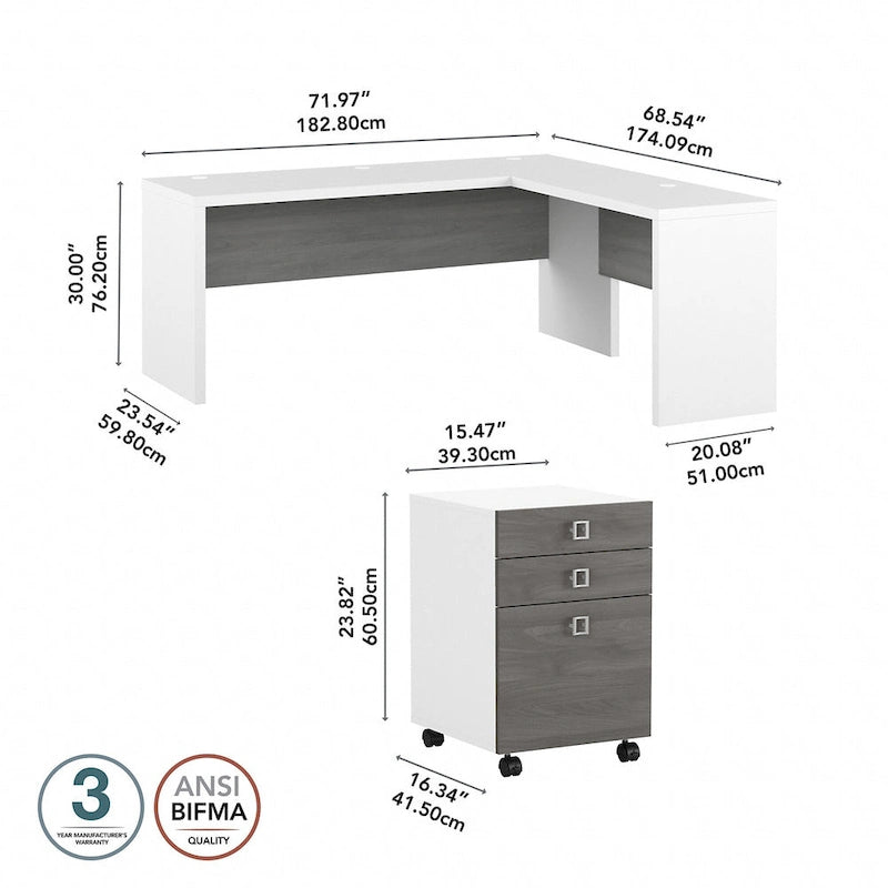 Bureau d'angle en L de 183 cm de large avec tiroirs, grand bureau d'angle pour bureau à domicile