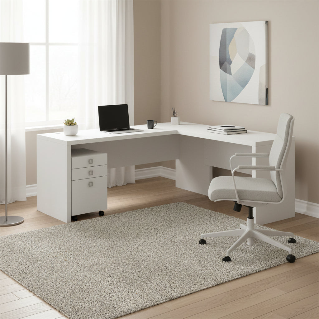 Bureau d'angle en L de 183 cm de large avec tiroirs, grand bureau d'angle pour bureau à domicile