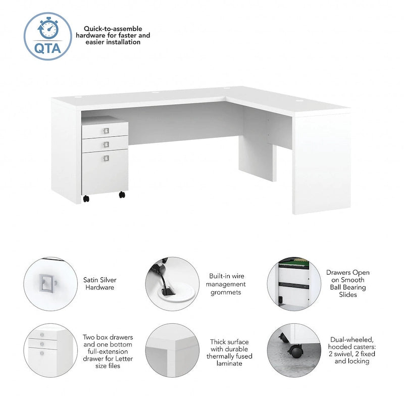 Bureau d'angle en L de 183 cm de large avec tiroirs, grand bureau d'angle pour bureau à domicile