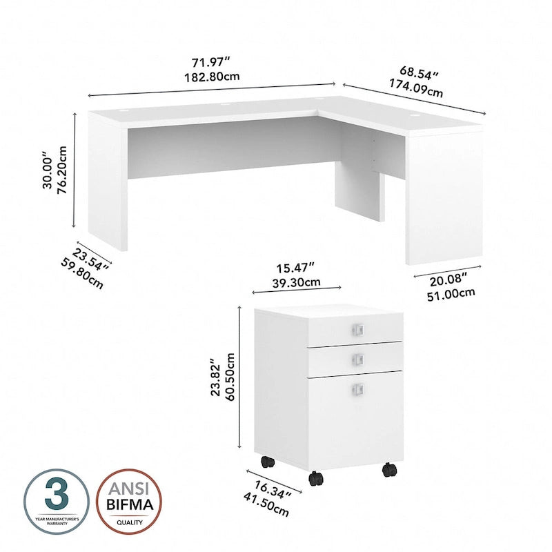 Bureau d'angle en L de 183 cm de large avec tiroirs, grand bureau d'angle pour bureau à domicile
