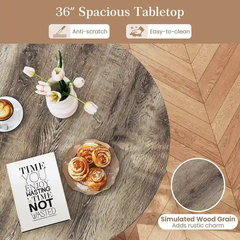 Table à manger ronde en bois de 36 po avec piètement en forme d'ailes, 2 à 4 places, taille compacte