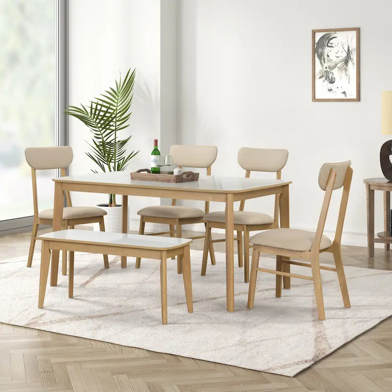 Ensemble de salle à manger rectangulaire 6 pièces avec 4 chaises de salle à manger rembourrées et un banc - Ensemble de table de salle à manger moderne et décontracté pour la cuisine