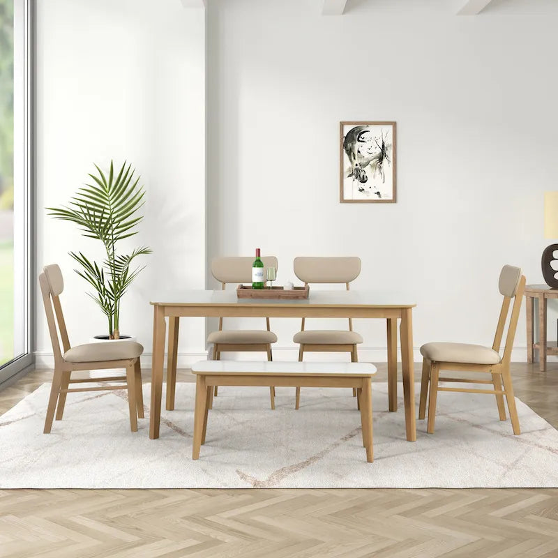 Ensemble de salle à manger rectangulaire 6 pièces avec 4 chaises de salle à manger rembourrées et un banc - Ensemble de table de salle à manger moderne et décontracté pour la cuisine