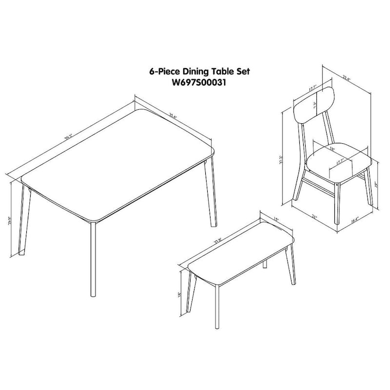 Ensemble de salle à manger rectangulaire 6 pièces avec 4 chaises de salle à manger rembourrées et un banc - Ensemble de table de salle à manger moderne et décontracté pour la cuisine