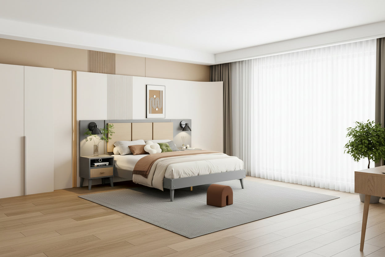 Queen Size Solid Wood Platform Bed Frame with Built-In Nightstands And Headboard Lamps