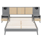 Lit plateforme Queen Size en bois massif avec tables de chevet intégrées et lampes de tête de lit