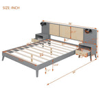 Lit plateforme Queen Size en bois massif avec tables de chevet intégrées et lampes de tête de lit