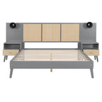 Lit plateforme Queen Size en bois massif avec tables de chevet intégrées et lampes de tête de lit