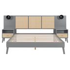 Lit plateforme Queen Size en bois massif avec tables de chevet intégrées et lampes de tête de lit