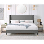 Lit plateforme gris king size de style moderne avec tête de lit en velours à dossier capitonné pour chambre à coucher