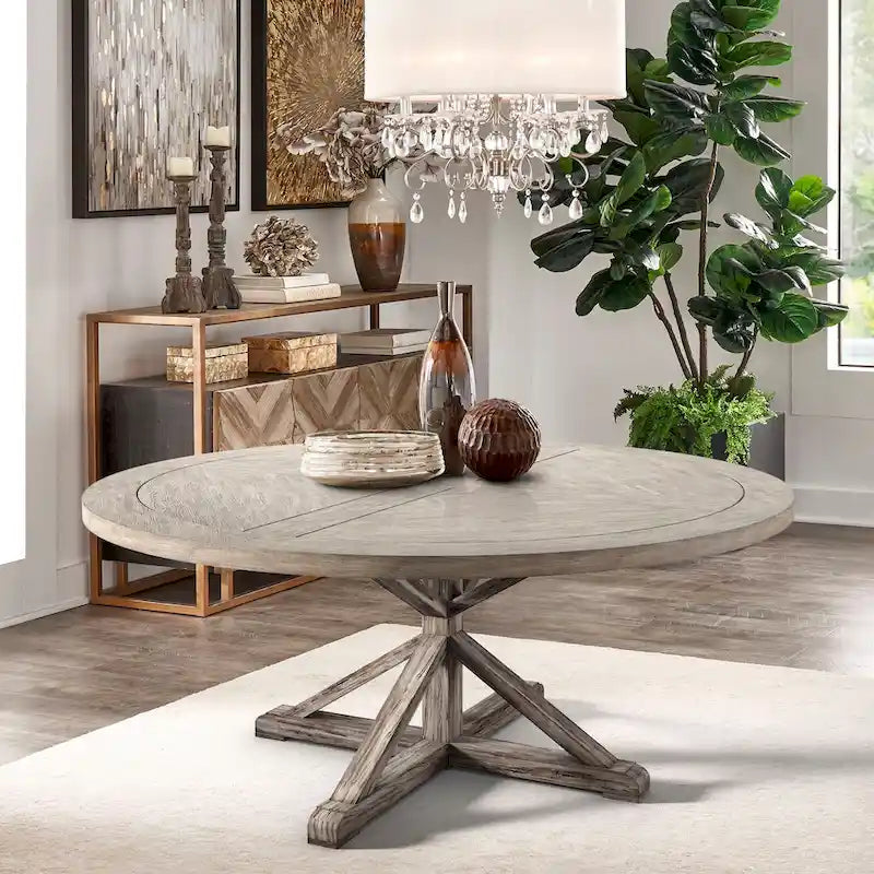 Table à manger ronde rustique en pin à piètement en X, style ferme