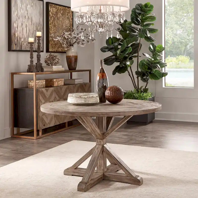 Table à manger ronde rustique en pin à piètement en X, style ferme