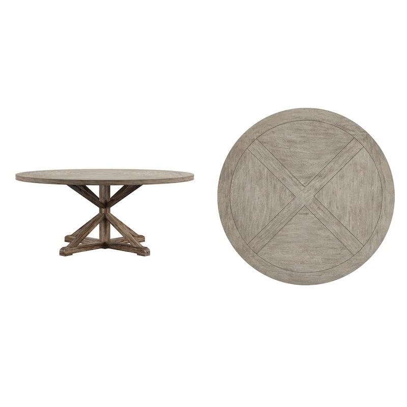 Table à manger ronde rustique en pin à piètement en X, style ferme
