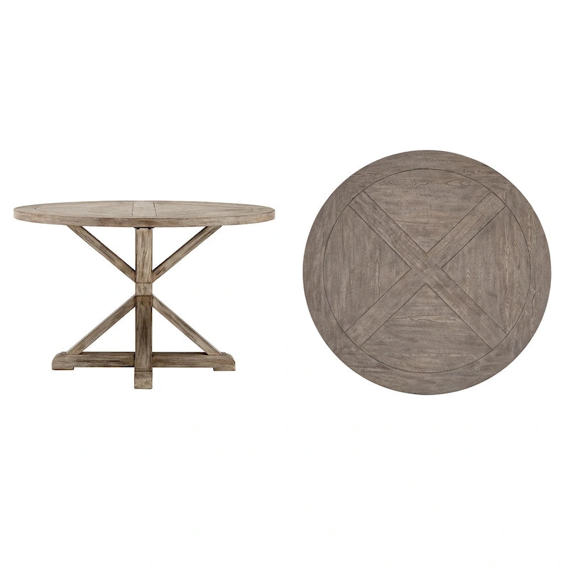 Table à manger ronde rustique en pin à piètement en X, style ferme