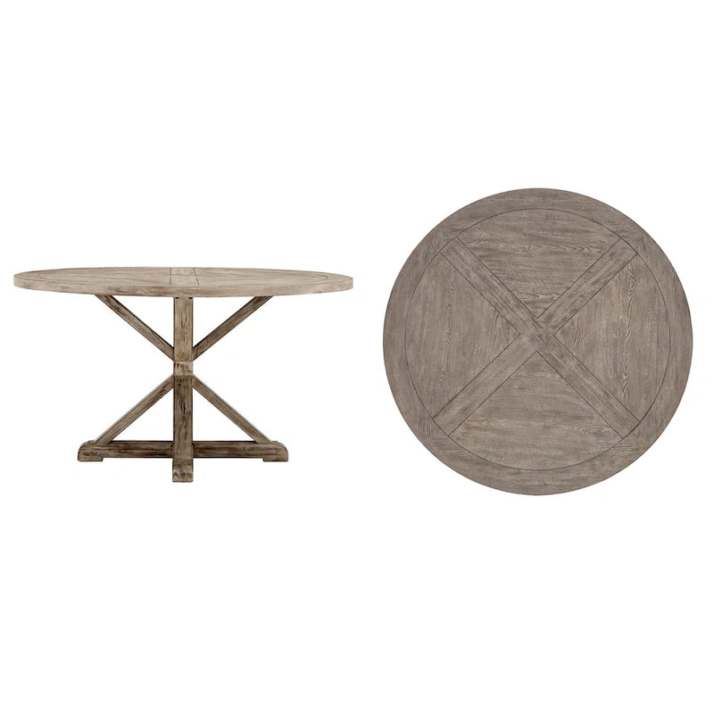 Table à manger ronde rustique en pin à piètement en X, style ferme