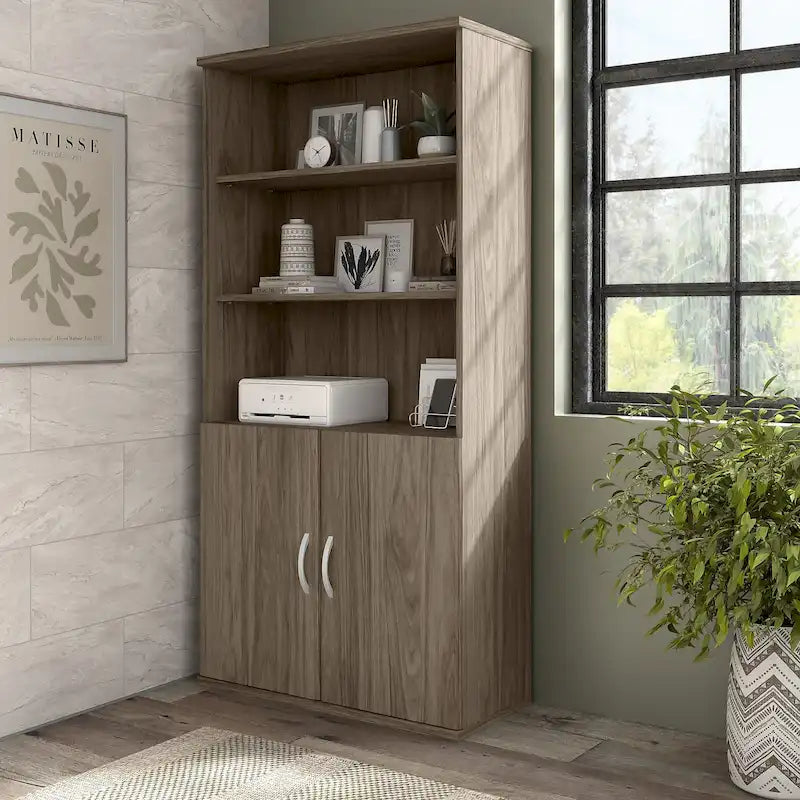 Bibliothèque haute à 5 étagères avec portes, meuble de rangement hybride ouvert et fermé pour bureau