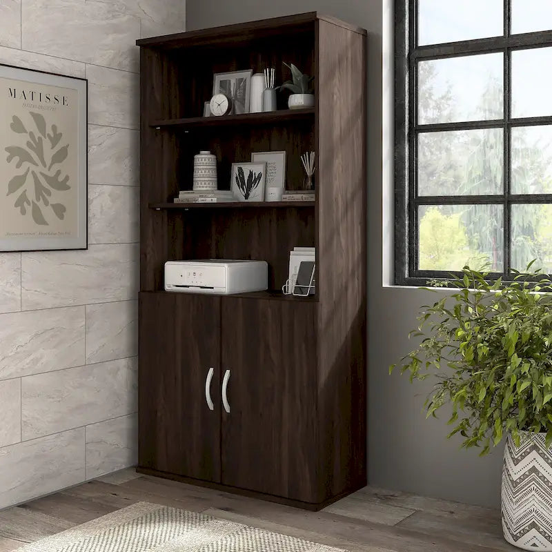 Bibliothèque haute à 5 étagères avec portes, meuble de rangement hybride ouvert et fermé pour bureau