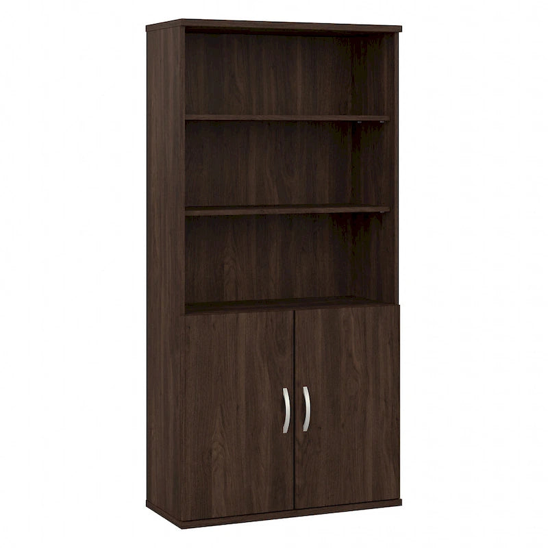 Bibliothèque haute à 5 étagères avec portes, meuble de rangement hybride ouvert et fermé pour bureau