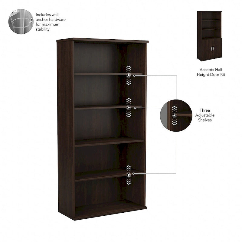 Bibliothèque haute à 5 étagères avec portes, meuble de rangement hybride ouvert et fermé pour bureau