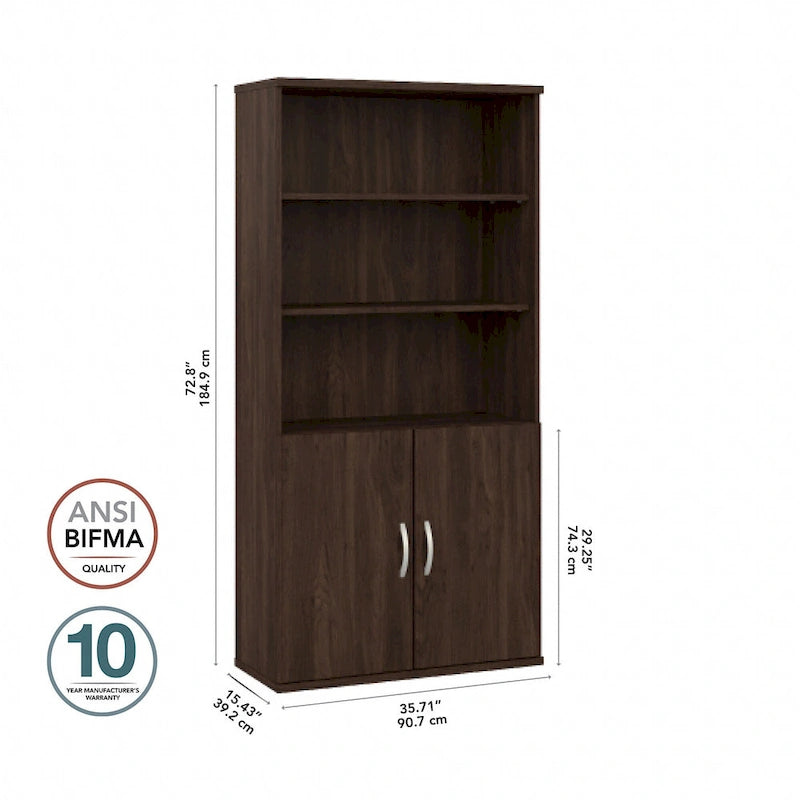 Bibliothèque haute à 5 étagères avec portes, meuble de rangement hybride ouvert et fermé pour bureau