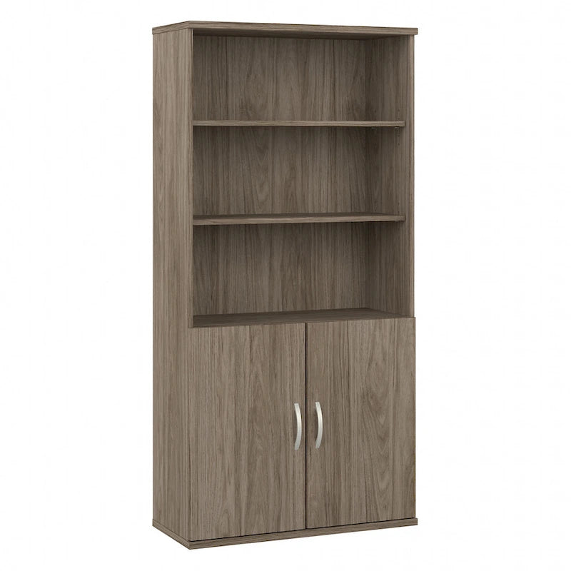 Bibliothèque haute à 5 étagères avec portes, meuble de rangement hybride ouvert et fermé pour bureau