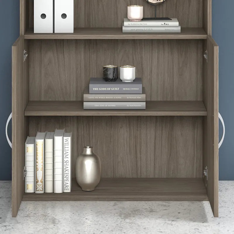 Bibliothèque haute à 5 étagères avec portes, meuble de rangement hybride ouvert et fermé pour bureau