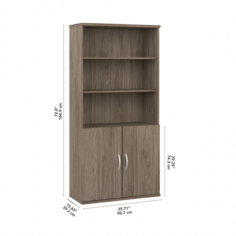 Bibliothèque haute à 5 étagères avec portes, meuble de rangement hybride ouvert et fermé pour bureau