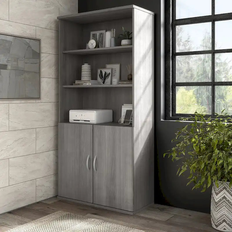 Bibliothèque haute à 5 étagères avec portes, meuble de rangement hybride ouvert et fermé pour bureau