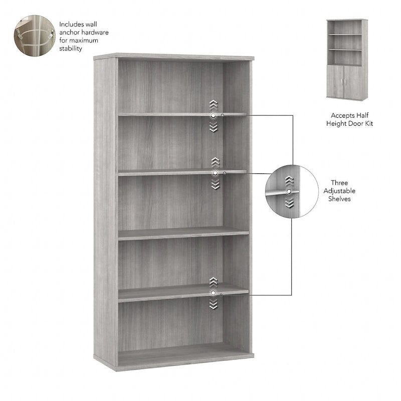 Bibliothèque haute à 5 étagères avec portes, meuble de rangement hybride ouvert et fermé pour bureau