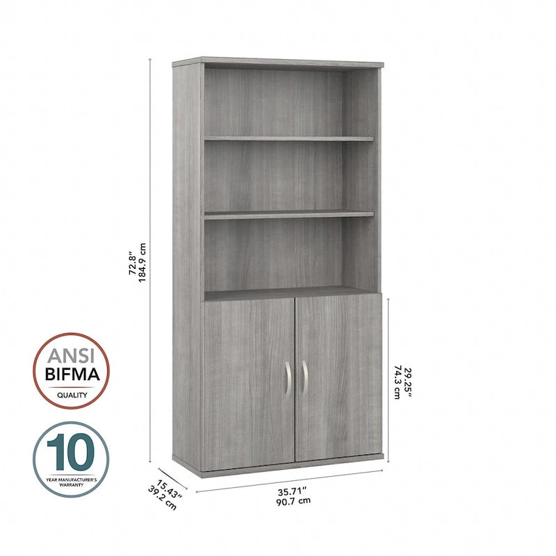Bibliothèque haute à 5 étagères avec portes, meuble de rangement hybride ouvert et fermé pour bureau