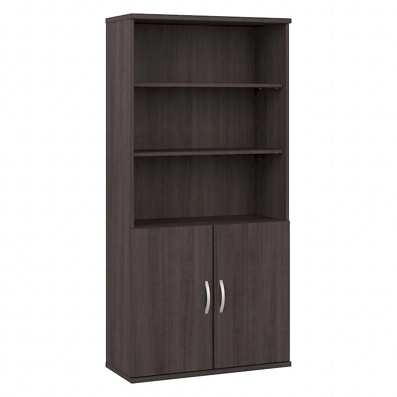 Bibliothèque haute à 5 étagères avec portes, meuble de rangement hybride ouvert et fermé pour bureau