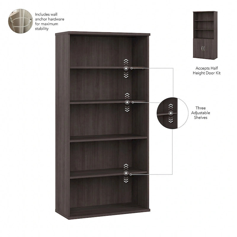 Bibliothèque haute à 5 étagères avec portes, meuble de rangement hybride ouvert et fermé pour bureau