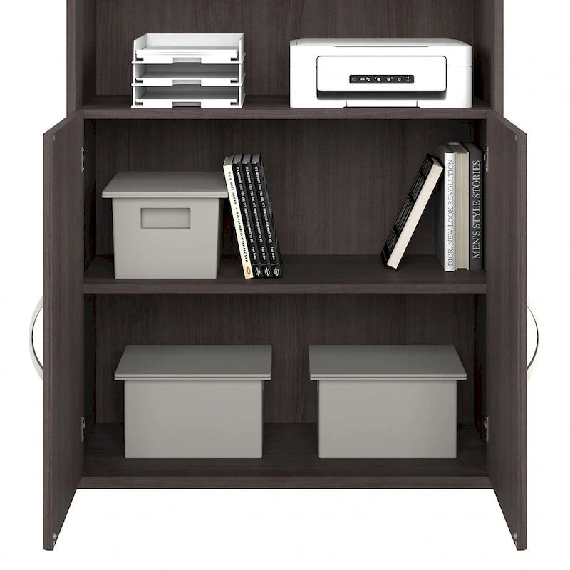 Bibliothèque haute à 5 étagères avec portes, meuble de rangement hybride ouvert et fermé pour bureau