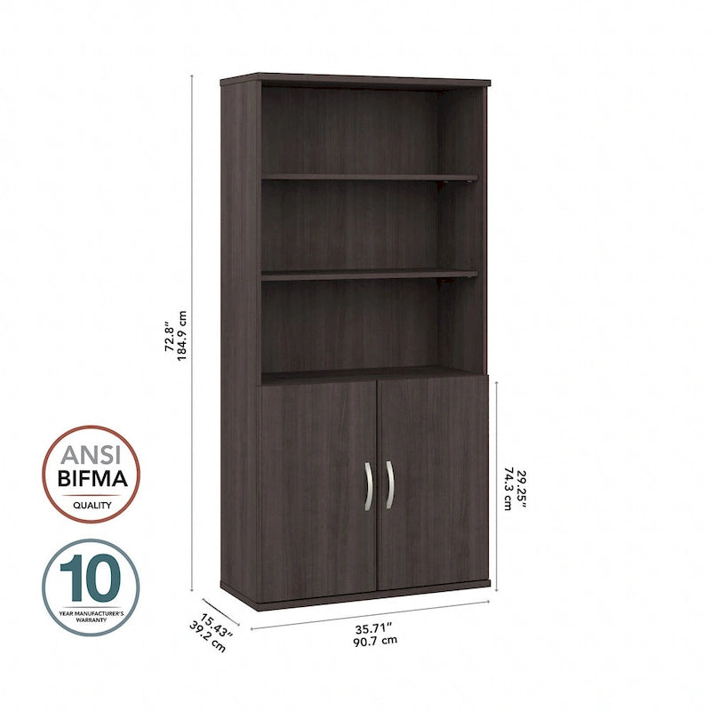 Bibliothèque haute à 5 étagères avec portes, meuble de rangement hybride ouvert et fermé pour bureau