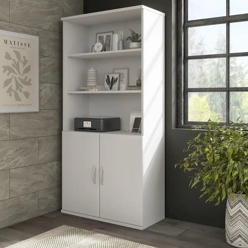 Bibliothèque haute à 5 étagères avec portes, meuble de rangement hybride ouvert et fermé pour bureau