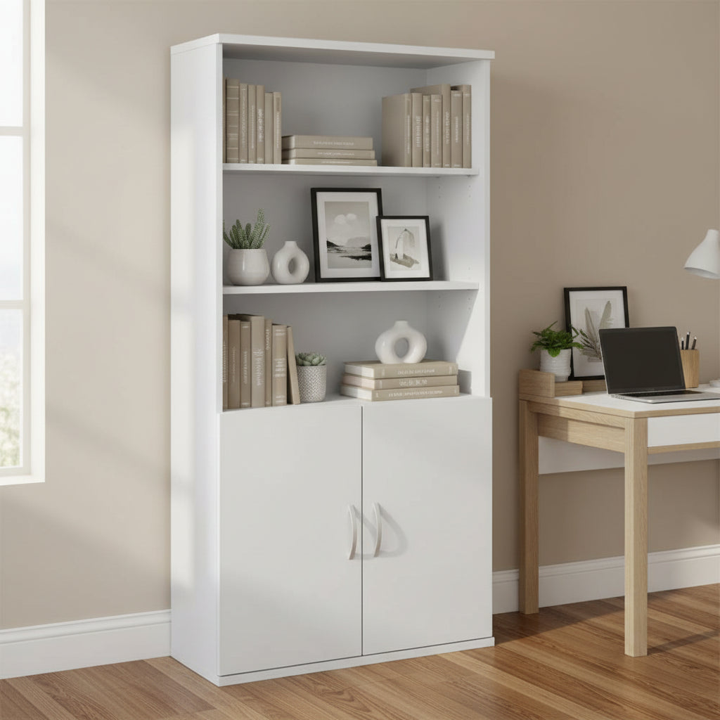 Bibliothèque haute à 5 étagères avec portes, meuble de rangement hybride ouvert et fermé pour bureau