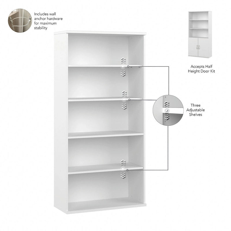 Bibliothèque haute à 5 étagères avec portes, meuble de rangement hybride ouvert et fermé pour bureau