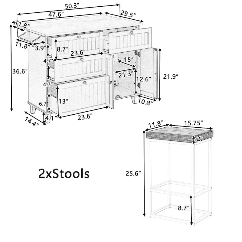 Ensemble îlot de cuisine avec abattant et 2 places assises