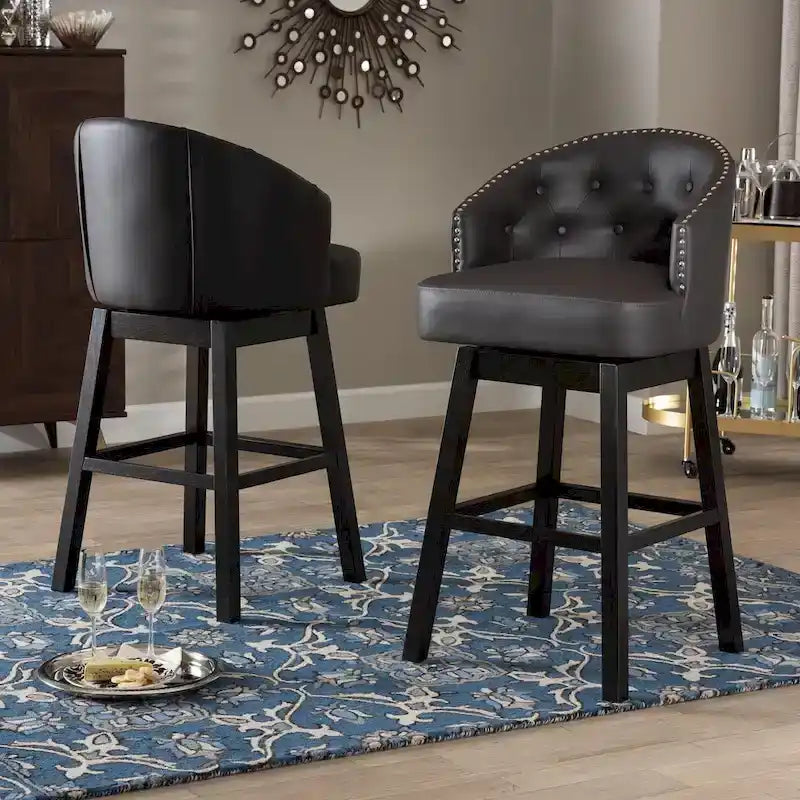 Avril Modern and Contemporary Brown Faux Leather Tufted Swivel Barstool with Nail heads Trim (Set of 2)