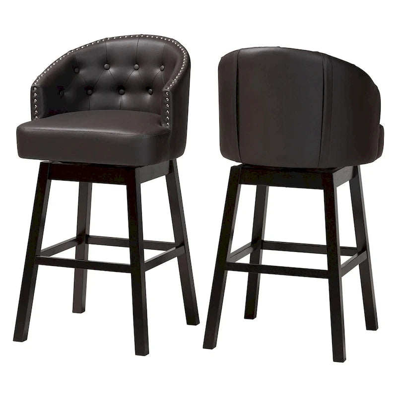 Ensemble de 2 tabourets de bar pivotants touffetés en similicuir marron avec clous décoratifs