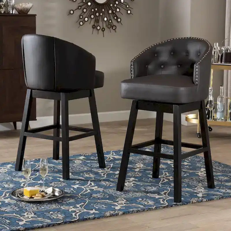 Ensemble de 2 tabourets de bar pivotants touffetés en similicuir marron avec clous décoratifs