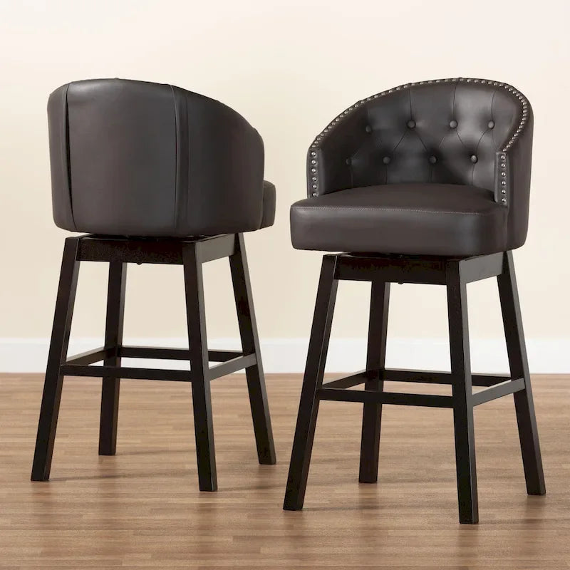 Ensemble de 2 tabourets de bar pivotants touffetés en similicuir marron avec clous décoratifs