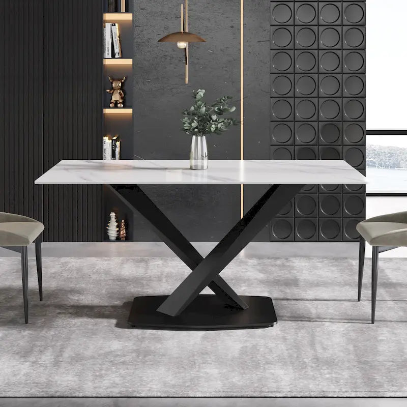63Table à manger moderne, plateau en pierre frittée blanche avec base en acier Moran Violet - N/A