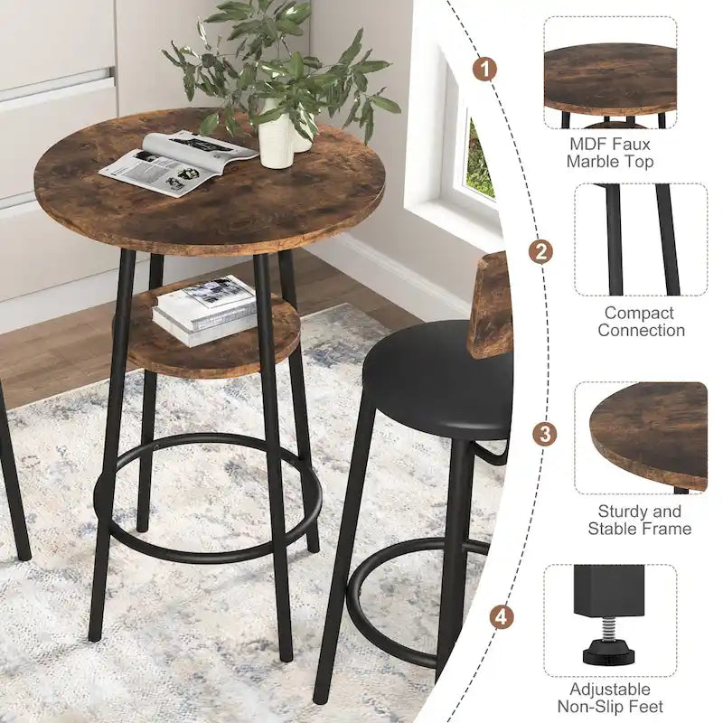 Ensemble de salle à manger 3 pièces, table de bistrot ronde à 2 niveaux et chaise rembourrée