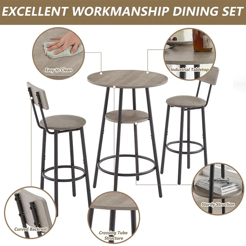 Ensemble de salle à manger 3 pièces, table de bistrot ronde à 2 niveaux et chaise rembourrée